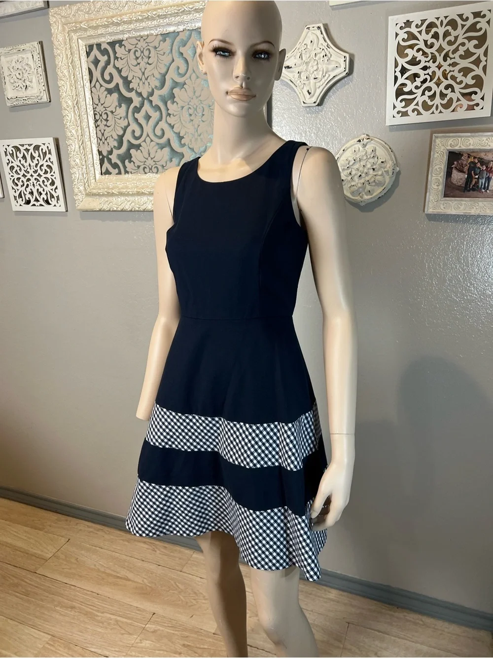 Tommy Hilfiger Navy Sleeveless Fit & Flare Dress with Gingham Trim